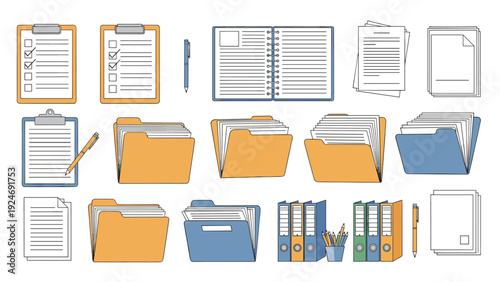 Large collection of office organizational items including clipboards, notebooks, folders, file binders, and loose papers.