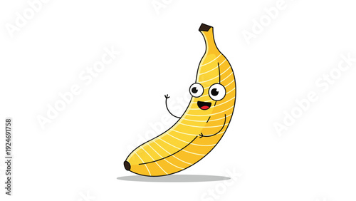 Cheerful yellow banana character with big eyes and a wide smile waving its hand isolated on a white background.