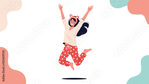 Energetic illustration of a happy woman wearing polka dot pajamas and a headband jumping with joy against a colorful background.