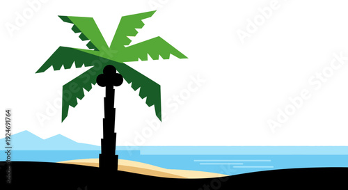 Stylized Palm Tree on Tropical Beach with Ocean and Mountains