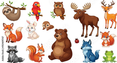 Cute forest animals cartoon vector set with bear, fox, deer, owl, raccoon, squirrel, wolf and woodland wildlife characters for children design