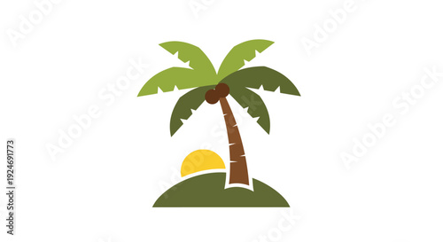 Stylized Palm Tree Silhouette on Small Island with Sunrise