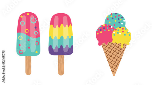 Refreshing set of summer treats featuring two colorful ice cream popsicles on sticks and a three-scoop cone with sprinkles.