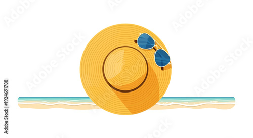 Summer Beach Scene: Straw Hat and Sunglasses on Sand with Ocean Waves