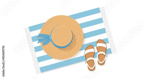 Summer Beach Essentials: Sun Hat and Sandals on Striped Towel, Top View