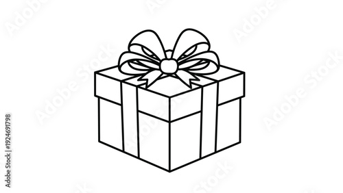 line art illustration of a gift box with a large ribbon bow, suitable for coloring pages and minimalist design work.