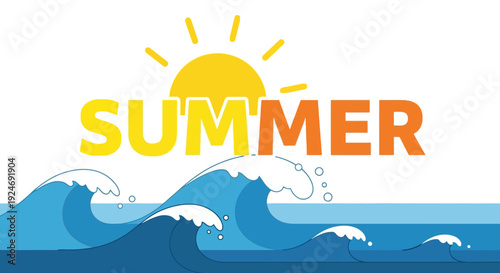 Summer Vacation Concept: Sunny Day with Ocean Waves and Text "SUMMER"