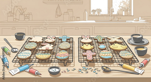 Colorful decorated cookies on cooling racks with baking tools and coffee in a kitchen