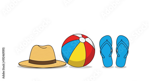 Summer Vacation Essentials: Hat, Beach Ball, Flip-Flops on White Background