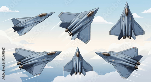 Six detailed illustrations of modern stealth fighter jets flying in various dynamic poses against a cloudy sky background.