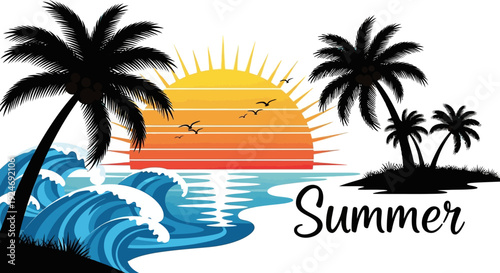 Tropical Summer Sunset with Palm Trees and Ocean Waves