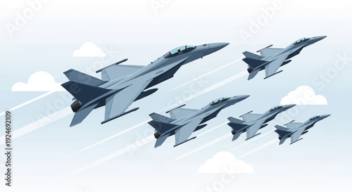 A squadron of military fighter jets flying in formation across a blue sky with stylized clouds and motion lines.