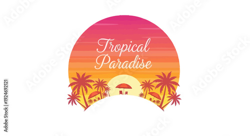 Tropical Paradise Sunset with Palm Trees and Beach Umbrella