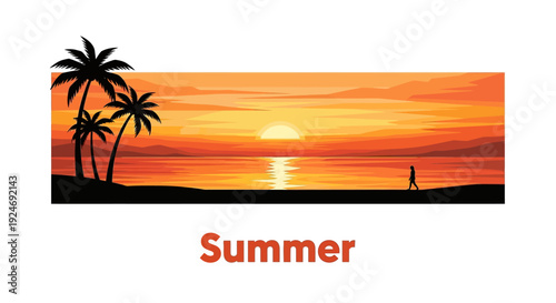 Tropical Sunset Beach Panorama: Palm Trees, Ocean Reflection, Solitary Walker