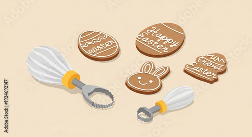 Easter cookies and cutters on beige background happy easter baking with gingerbread eggs and bunny