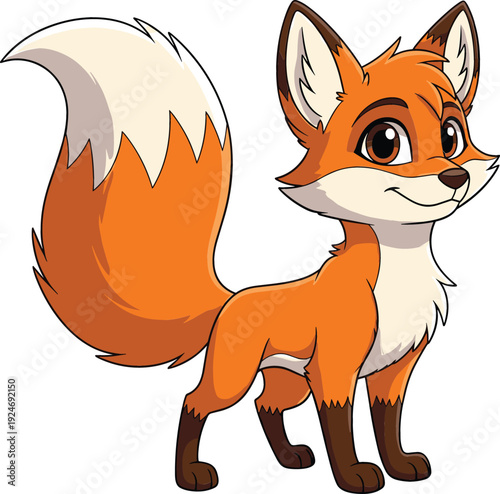 Cute fox cartoon character standing with fluffy tail, friendly woodland animal mascot vector illustration for kids, education, stickers, and playful designs