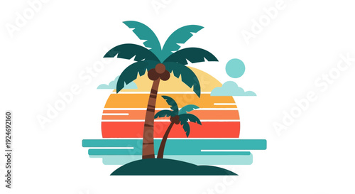Tropical Sunset with Palm Trees and Ocean Waves, Retro Flat Design