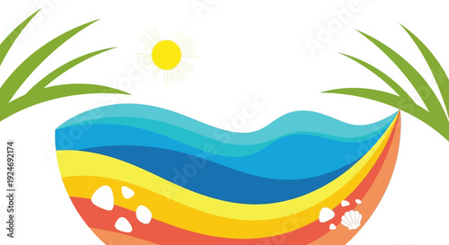 Vibrant Summer Beach Scene with Palm Leaves, Sun, and Waves
