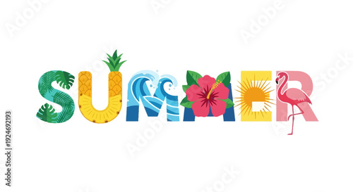 Vibrant Summer Text Art with Tropical Elements and Flamingo