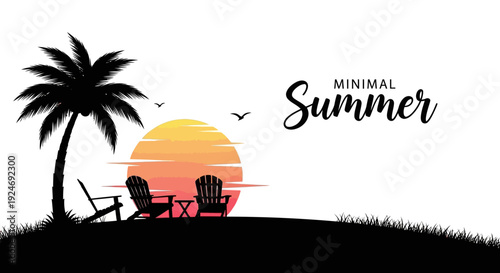 Minimal Summer Silhouette: Palm Tree, Adirondack Chairs, Sunset on Beach