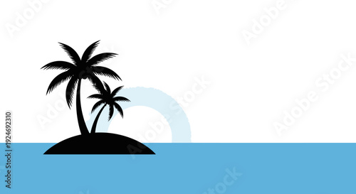 Minimalist tropical island with palm trees silhouette over blue ocean and white sky