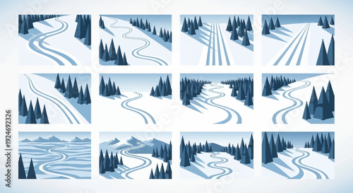 A grid of twelve illustrations showing various snowy winter landscapes with ski and snowboard tracks winding through forests and mountains.