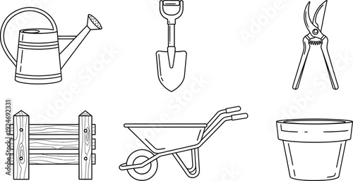 Collection of hand-drawn gardening tools and elements including a watering can shovel pruners fence wheelbarrow and pot for illustration and design