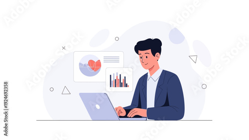 Man working on laptop with health data charts and graphs on screen