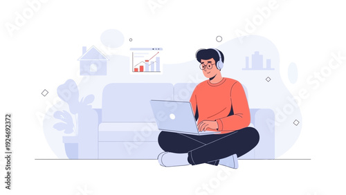 Man Working On Laptop With Headphones At Home, Remote Work Concept