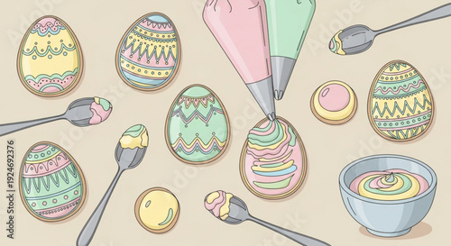 Colorful easter eggs and cookies being decorated with icing and spoons on a table