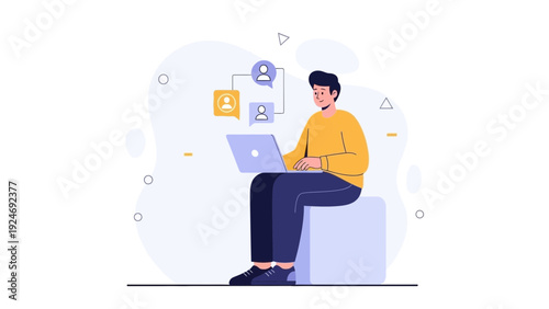 Man working on laptop with social media connection icons