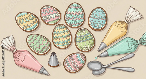 Easter eggs and decorating tools with colorful icing bags and tips on beige background