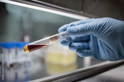 Scientist holds test tube containing blood sample in laboratory during research process