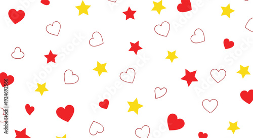 Seamless hearts and stars pattern romantic love background with red yellow shapes cute valentine flat vector illustration design