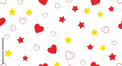 Cute hearts and stars seamless pattern romantic love background with red yellow shapes valentine flat vector illustration design