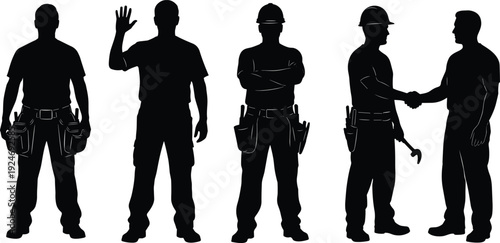 Construction worker silhouette vector set featuring men in hard hats, tool belts, industrial gear, shaking hands, and waving for labor and engineering design.