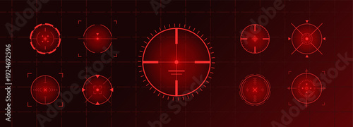 Crosshair Hud red. Sniper rifle viewfinder. Radar location system. Gun shooting range target icons and symbols. Flat Vector illustration.