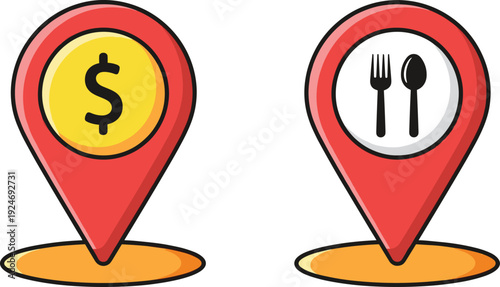 Payment dollar and restaurant food location pin icon set map marker navigation symbols flat vector illustration isolated design