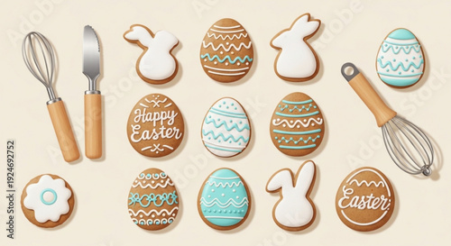 Easter cookies and baking utensils on beige background decorated with colorful patterns and happy easter text perfect for spring holiday celebrations and baking concepts