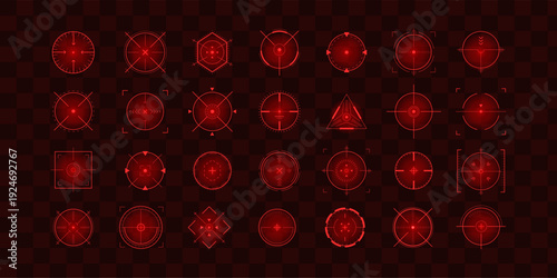 Crosshair Hud red. Weapon UI elements. Goal targeting and telescope viewfinder. Military Vector illustration.