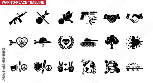 A collection of black and white vector icons illustrating the transition from war to peace, featuring symbols like weapons, doves, peace signs, and global harmony.