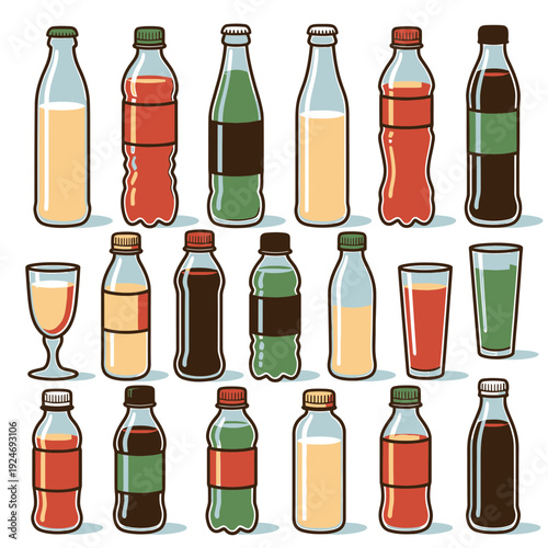 Assorted Bottles and Glasses of Soda and Juice vector