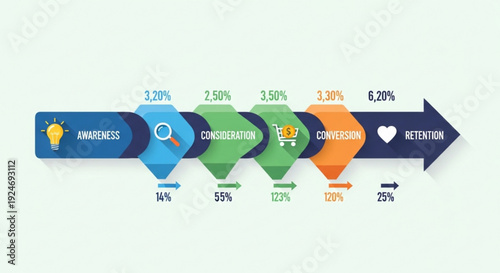 Infographic illustrating customer journey stages with percentages including awareness consideration conversion and retention