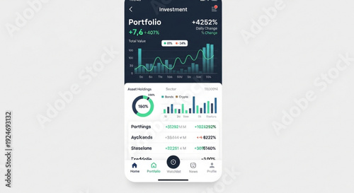 Mobile phone screen displaying investment portfolio app with graphs and statistics on a white background showing financial growth and market analysis