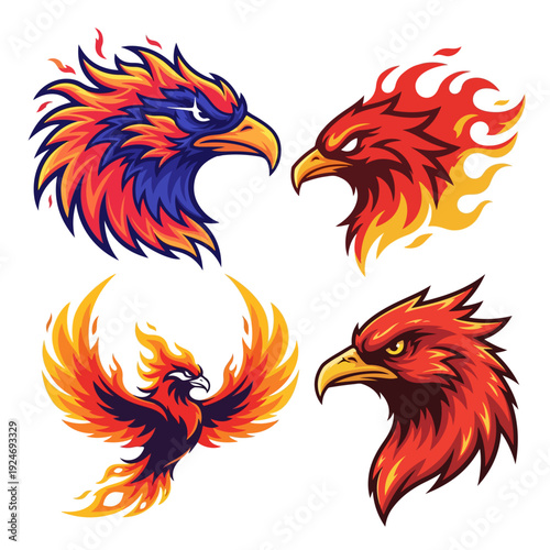Collection of Four Flaming Phoenix Illustrations Featuring Rising Firebirds and Intense Bird-of-Prey Profiles
