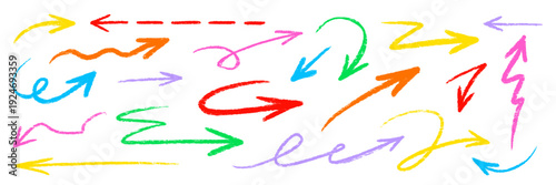 Arrow pencil brush crayon color set. Arrow line hand drawn sketch with chalk marker stroke texture grunge..Fun kid doodle swirl spiral underline check symbol childish cute. Vector illustration.