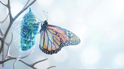 IT Modernization Plan concept. A butterfly emerging from its digitally patterned chrysalis on a branch.