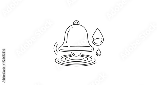 Bell ringing with water drops and ripples, concept of alert, notification, or sound wave