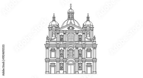 Baroque Church Facade Drawing, Ornate Architectural Design, Classical Building Sketch