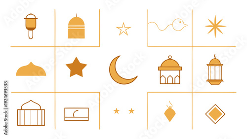 A Minimalist Illustration set of Islamic icons and symbols, capturing the peaceful celebratory mood of Ramadan and Eid.